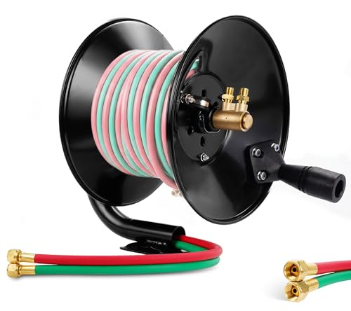 Manual Twin Welding Hose Reel Holds 100 ft of 3/8 or 1/4 Gas Hose,Universal Mounting Bracket for Wall, Ceiling or Cart (Hose Not Included)