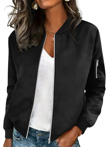 HOTOUCH Women Black Jacket Trendy Long Sleeve Summer Coats Lightweight Casual Bomber Jackets L