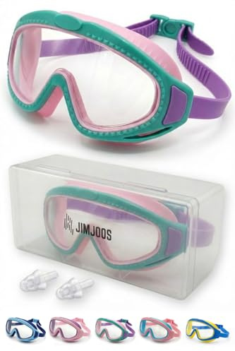 JIMJOOS Kids Swimming Goggles 6-14 - Wide View, Anti Fog, UV Protection, Leak Proof Swim Goggles for Boys Girls - Adjustable Back Strap - Hard Case & Silicone Ear Plugs Included