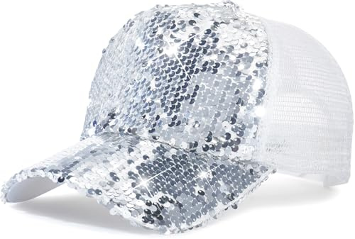 MESU Sequin Baseball Cap for Women Bling Sun Hat Mesh Summer Hat Travel Caps Silver