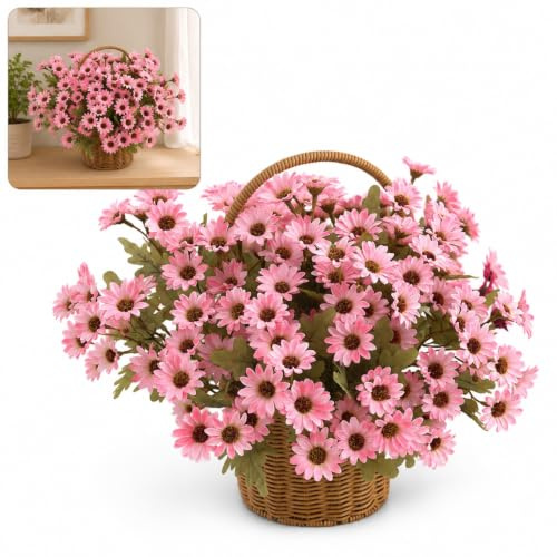 DUY Arreglo de margaritas artificiales en cesta de mimbre, centro de mesa de margaritas pequeñas de imitación para el hogar, mesa, boda, fiesta, decoración de jardín (rosa, 10 piezas)