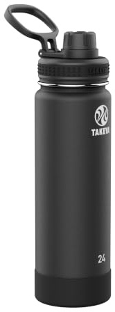 Takeya Actives Stainless Steel Water Bottle, Insulated Spout Lid, Keeps Drinks Cold 24 Hrs, Leakproof, Durable, Dishwasher Safe, Ideal for Gym, Travel, Fits Most Cup Holders, 24 oz/Onyx