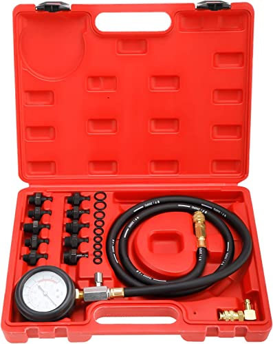 FreeTec Oil Pressure Gauge Kit, 0-140 PSI Oil Pressure Test Kit, Car Engine Oil Pressure Gauge Tester Diagnostic Tool Set with Hose Adapters for VW BMW Opel Ford Fiat (Red)