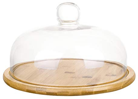 UPKOCH Plateau en Bambou avec Couvercle en Verre 11.6 Pouces Plateau De Dessert Et Présentoir À Gâteau avec Cloche Anti-Poussière pour Cuisine Maison Fête