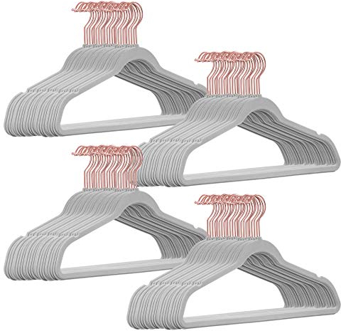 100 Stück hochwertige Samt Kleiderbügel in der Farbe Hellgrau mit Rosegold Look Haken/Anti-Rutsch/von StickandShine