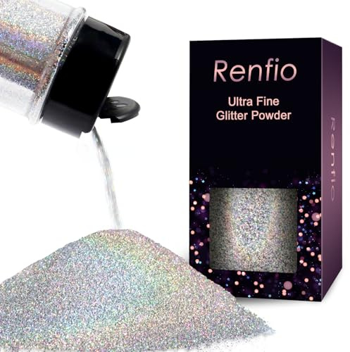 Renfio Holographic Ultra Fine Glitter Powder Metallic Resin Glitter 2.11 Oz (60g) PET Flakes Crafts Sequins 1/128 0.008 0.2mm Epoxy Chips Flakes for Tumblers Slime - Laser Silver