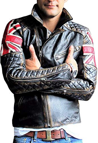Cafe Racer - Chaqueta de piel envejecida con la bandera del Reino Unido