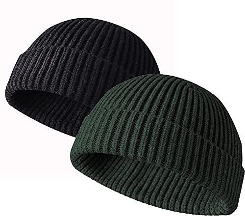 JFAN Gorro Docker de Punto Con Forro Polar - Beanie de Lana Con Vuelta, Sombrero Cálido de Invierno, Gorro de Pescador Skullcap - Negro+Verde, Talla Única