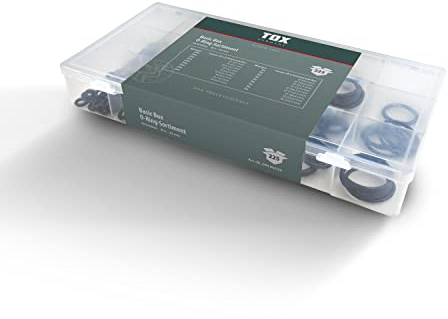 TOX Assortimento di O-ring in gomma, anelli di tenuta in 18 misure e scatola di trasporto trasparente, ⌀ 3 - 22 mm, spessore del cordone 1 - 4 mm, 225 pezzi, 09490209