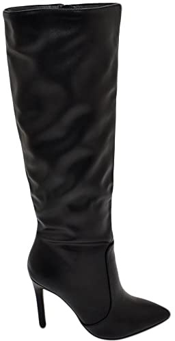 Stivali Alti Donna al Ginocchio in Pelle Nero a Punta Tacco a Spillo 12 cm Zip Lunga Aderente Moda Linea Basic (36 EU)