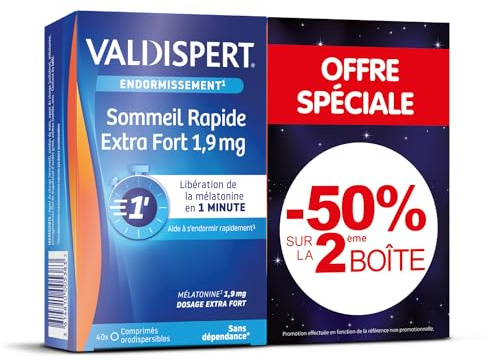 VALDISPERT - Dormido - Sueño rápido extra fuerte 1,9 mg - Suplemento alimenticio con melatonina - Difusión rápida en 1 minuto - Sin dependencia - 2 cajas de 40 comprimidos dispersables