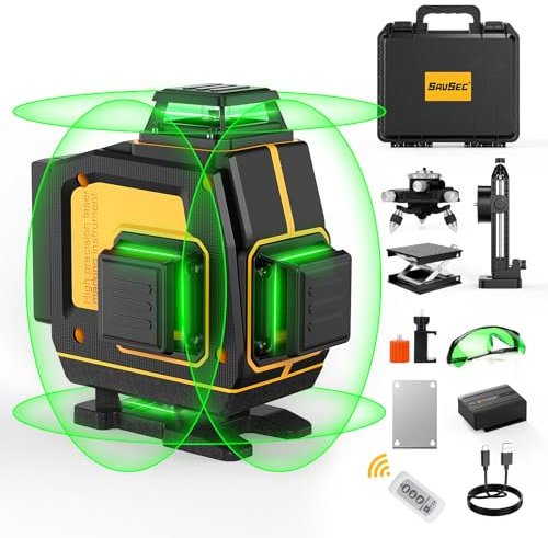 Niveau Laser Vert 4x360°(jusqu'à 37 h), SAVSEC Laser Chantier 4D 16 Lignes Laser, Lazer Niveaux 360 Autonivelant, Luminosité Réglable, Télécommande, Batterie Rechargeable