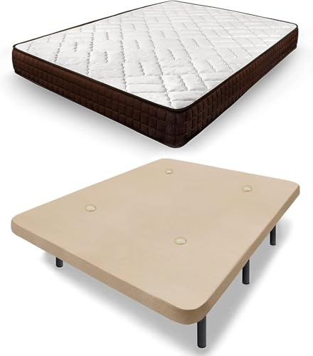 HOGAR24 ES - Cama Completa con Base Tapizada en Color Beige con Juego de Patas de 26 cm y Colchón Dream Flex Transpirable - Medida: 135x190 cm