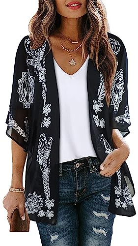 Gosunny Top estivi da donna, kimono da spiaggia boho, copricostume bikini oversize, cardigan con stampa floreale, Fiori neri., M