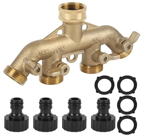 4 Way Solid Brass Tap Connector, Heavy Duty Outdoor Hose Splitter Garden Tap Adaptor Water Pipe Manifold Individual Shut Off/ON Valve for Garden Watering Lawn Maintenance（EU Standard） (#2)