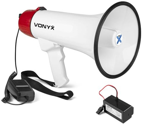 VONYX MEG045 Pack Mégaphone 45W - 1x Batterie Rechargeable MRB06, Portée Jusqu’à 1km, Micro Main Détachable, Bluetooth & Lecteur MP3, Idéal pour Manifestations et Matchs Sportifs