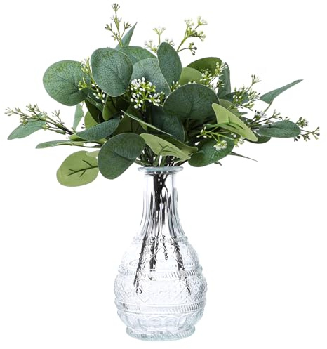 KALIONE 12 Pcs Artificial Silver Dollar Eucalyptus Leaves Picks Stems and Faux Branches with White Seeds, 11.4'' Decoration Greenery Stems Plants for Vase Bouquets, Flower Arrangement