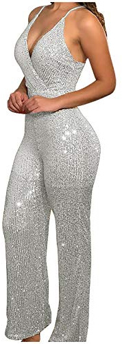 Jumpsuit dam, elegant glitter playsuit rygglös overall festlig sexig v-ringad ärmlös hängselbyxor paljetter one piece bodycon jumper lång tajt vida ben sommarbyxor playsuit sparkdräkt