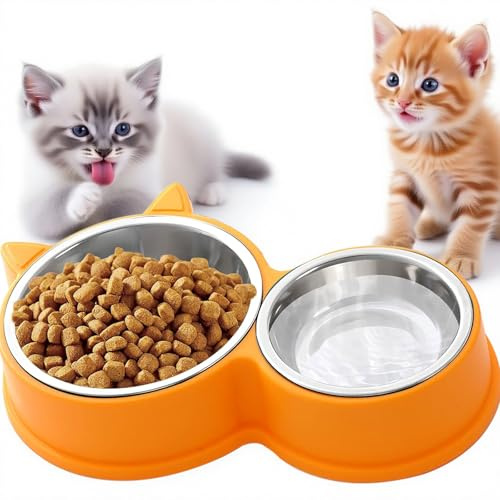 Ensemble de Bols Doubles pour Chats en Acier Inoxydable, Base antidérapante, Lavable au Lave-Vaisselle - pour Aliments secs et humides, Design en Forme de Chat Mignon (Jaune)