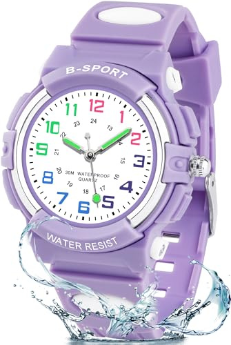 Edillas Kinderuhr Jungen Mädchen,Armbanduhr Kinder Analog mit 30M Wasserdicht,Stoßfest,Leuchtzeiger,TPU-Armband für 5-16 Jahre, Einschulung Outdoor Sport(Lila)