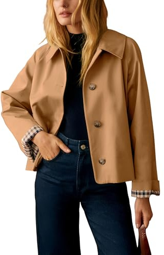 Dqbeng Womens Short Trench Jacket Plaid Lining Button Front Lightweight Classic Casual Outerwear with Pockets (Camel-XS)