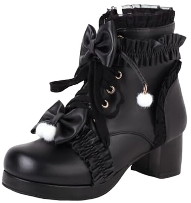 Xbemkste Botines mujer Lolita tacones altos cabeza redonda tacón grueso con cordones dulce lazo acanalado Jk Uniforme Lolita Tacón bloque botas lindas botas de tobillo botas de tobillo, Negro , 37.5