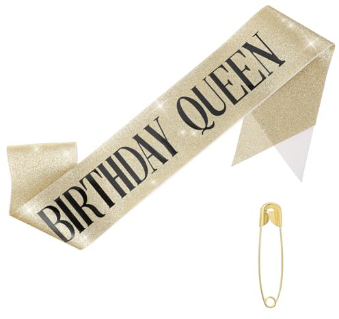 Birthday Queen Sash, Glitter Gold Birthdays Queen Sash with Safety Pin, Happy Birthday Gifts Sashs Party Favors Accessories for Women GIrls(Gold with Black Lettering)