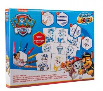 cavernedesjouets Pour pat patrouille - kit 7 stylos pulverisateurs enfant et 6 pochoirs - feutres a souffler, pens blo - colorier, dessiner - set creatif et carte