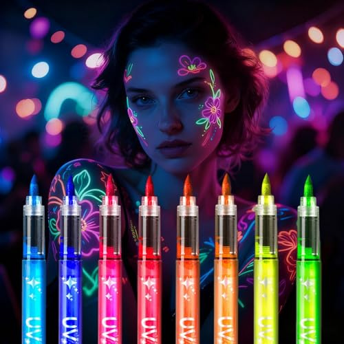 8 svarta ljusfärgpennor, neon smink, uv-penna, Glow in the Dark ansikte & kroppsfärg, bodypainting färger, tatueringspennor för Halloween, festival, neon fest, dekoration, accessoarer, adventskalender