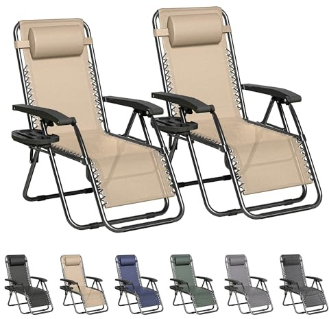 mcc direct Zero Gravity Sun Lounger Reclining Chair Set of 2 – Folding Outdoor & Garden Chairs with Textilene Fabric, Cup Holder and Headrest Pillow – BLACK FRAME & CREAM TEXTILENE