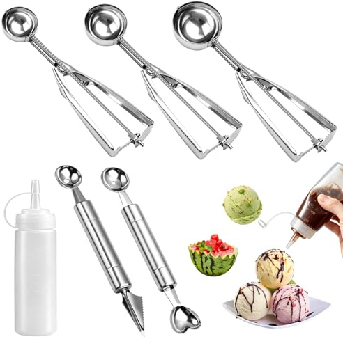 Set di 6 porzionatori per gelato in acciaio inox, 3 stampi per sfere di gelato, 4/5/6 cm, con grilletto, porzionatore per palline di ghiaccio, porzionatore per biscotti a forma di cuore, utensile per