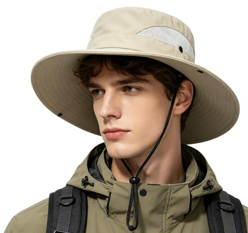 Shyllin Sombrero Hombre, Gorro Pescador Lluvia ala Ancha,Boonie Gorras y Sombreros Protección UV Malla Transpirable,Sombrero de Sol Verano Bucket Hat,Safari,Trekking,Pesca,Senderismo (Beige Oscuro)