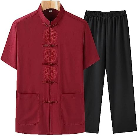 Sommar Tunn Tai Chi Uniform Herr Bomull Linne Tang Suit Byxor(Red,XL XXL)