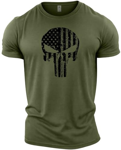 Gymtier T-shirt de musculation pour homme Motif crâne avec drapeau américain Haut d'entraînement - Vert - L