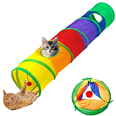 Aokuy Katzentunnel mit Spielball, Faltbarer Regenbogen Tunnel, Interaktive Peek-a-Boo Cat Tube Spielzeug mit Spaßball und 2 Guckloch ür Katze, Welpen, Kitty, Kätzchen, Kaninchen(2-Way)