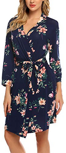 UNibelle Damen Morgenmantel Kurz aus Baumwolle Dünn 3/4 Ärmel Bademantel Kimono Saunamantel Robe Negligee Mit V-Ausschnitt Sommer Floral Marineblau XS