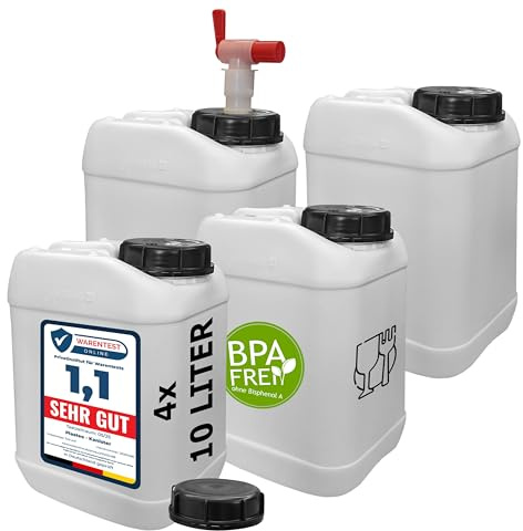 plasteo® 4 x 10L Weithals Getränke- Wasserkanister Weiß | Lebensmittelecht | Hergestellt in DE | UN-Zulassung | Indoor und Outdoor | BPA Frei (4 Kanister + 1 AFT-Hahn)