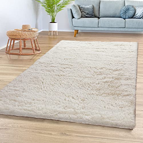 TT Home Teppich Wohnzimmer Hochflor Langflor Weich Soft Modernes Einfarbiges Design, Farbe: Hellbeige Creme, Größe:60x100 cm