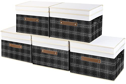 TYEERS Collapsible Storage Bins with Lids, Patchwork Design, Washable, Fabric Storage Boxes, 14.9x9.8x9.8 inches, 5 Pack, Black