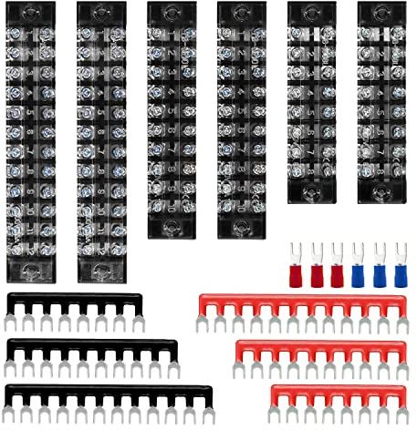 JINXIAN 6Pcs 8/10/12 Position Dual Rows Covered Screw Terminal Block Din Rail Connectors 600V 15A Double Row Terminal Block Set with 6 Pre-Insulated Fork Terminal Barrier Strip Red/Black