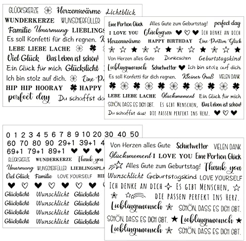 Faccito 4 Bogen Kerzen Tattoo Folie A4 Kerzensprüche Kerzenaufkleber LIEBLINGSMENSCH Happy Birthday Geburtstag Kerzentattoos Dekorative Kerzen Wasserschiebefolie für Stabkerzen Basteln DIY