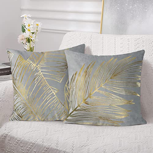 Bonhause 2er Set Kissenbezüge Goldene Blätter 50 x 50 cm Samt Soft Grau Dekorative Kissenhülle Goldfolien-Druck Zierkissenbezüge für Sofa Schlafzimmer Wohnzimmer Zuhause Dekoration