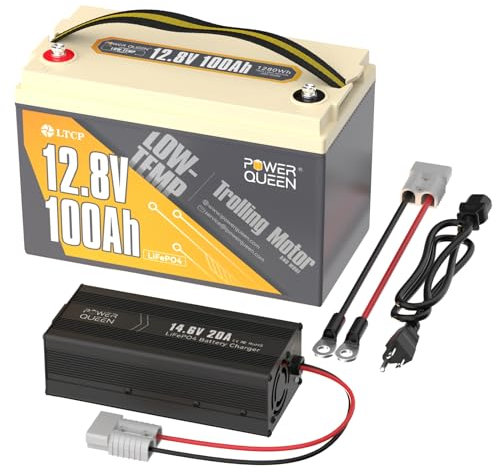 Power Queen 12.8V 100Ah LiFePO4 Batterie Niedrigtemperaturschutz Lithium Batterie mit 14.6V 20A LiFePO4 Batterieladegerät, ideal für Trolling Motor, Boot, Marine, Off-Grid System