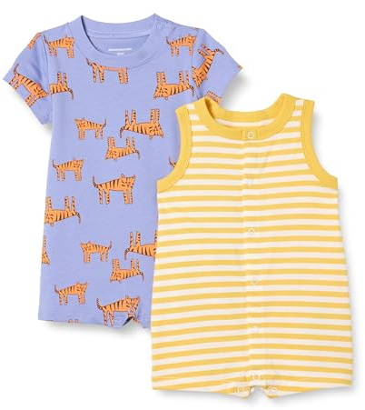 Amazon Essentials Set Tutina Senza Maniche E A Maniche Corte Unisex - Bambini e ragazzi, confezione da 2, Porpora Meloni Tigrata/Righe, 0-3 mesi