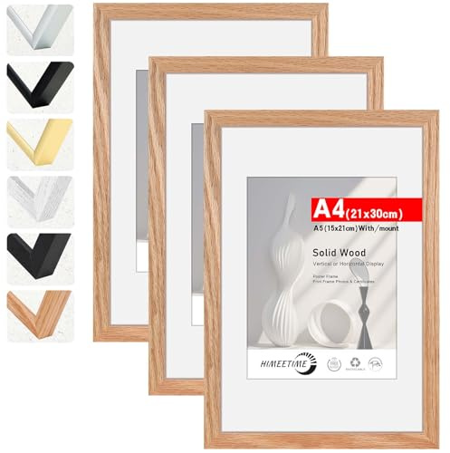 HIMEETIME® 3x Cornice A4 21x30 cm in legno massiccio di quercia con fronte in perspex, per esporre un'immagine di 15x21 cm con tappetino o 21x29.7 cm senza tappetino,Cornice per fotografie A4