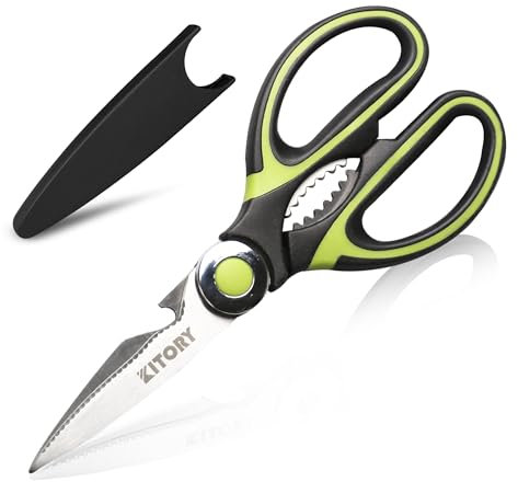 Küchenschere 21 cm, Universalschere mit Klingenabdeckung, Scharfe Haushaltsschere, Flaschenöffner, Sägeschliff, Qualitätsstahl, Spülmaschinenfest, schwarz grün