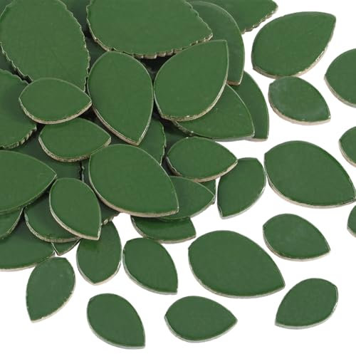 SOFPLATE 1 Box 200G Green Leaf Ceramic Tile Craft Mosaic Pieces Porcelain Opaque Small Dark Green Leaves Shaped Flower Stained Cabochons Tiles for Handmade Art Crafts Home Garden DIY Making Decoration