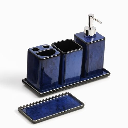 Home Harbour Zen Essence Fambe Collection | 5-Piece Blue Bathroom Accessories Set | Soap Dispenser, Toothbrush Holder, Tumbler, Vanity Tray, & Multipurpose Holder | Decor Organiser (Set of 5 Blue)