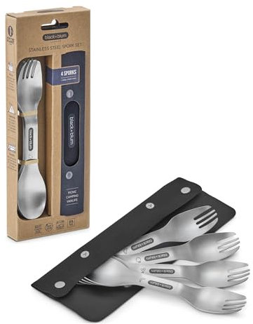 BLACK+BLUM Göffel Set aus Edelstahl, praktische Kombination aus Löffel und Gabel, ideal für Camping & Picknick, robust & spülmaschinengeeignet mit Fruchtmotiv, inkl. Etui aus recyceltem PET