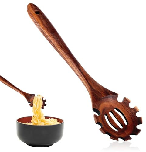 Nogeqi Cucchiaio per spaghetti, in legno, mestolo per spaghetti, cucchiaio da 30 cm, pinza per spaghetti, pinza per spaghetti, spatola con denti, per cucina, lavabile in lavastoviglie, foro sospeso